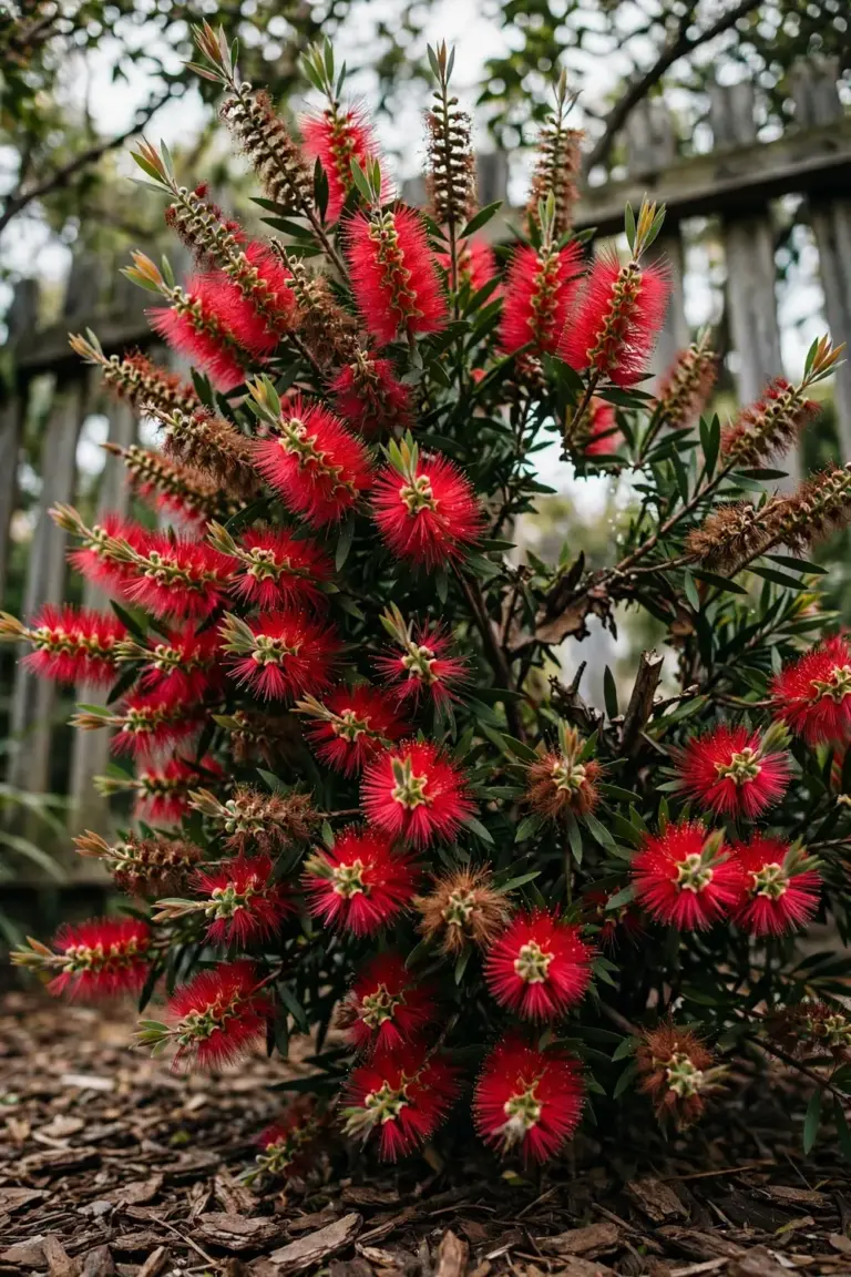 Bottlebrush shrub covered in red flower spikes in a sunny garden bed
