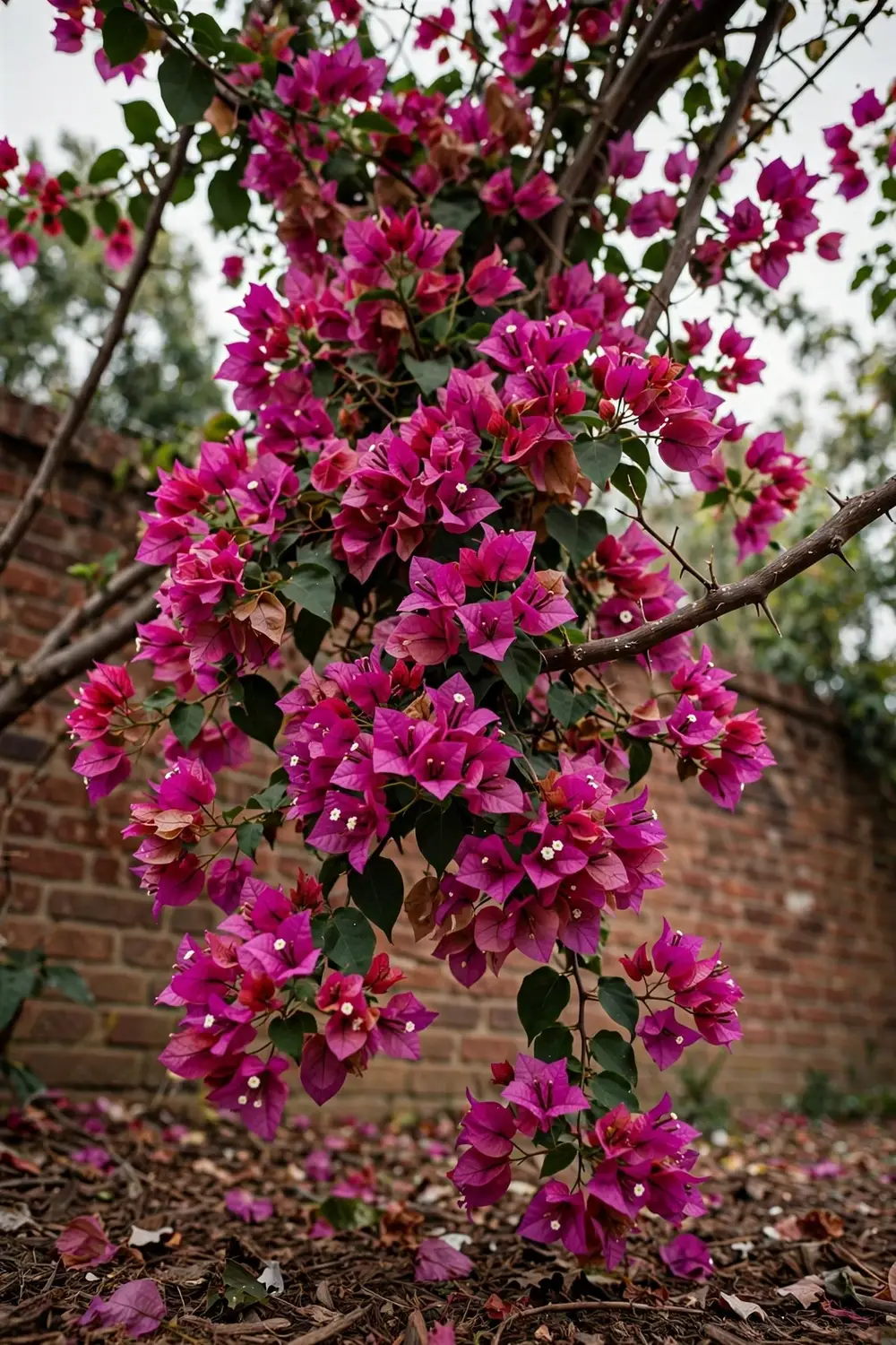 Bougainvillea in full magenta bract color cascading over a sunlit garden wall