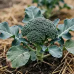 Broccoli plant with a tight dark green head in a mulched garden bed