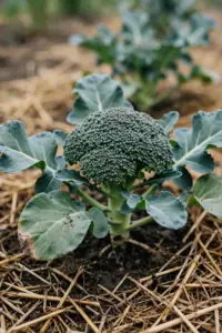 Broccoli plant with a tight dark green head in a mulched garden bed