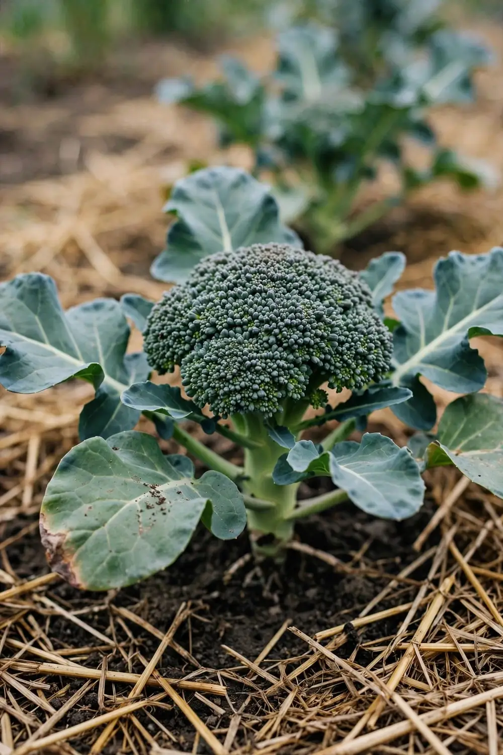 Broccoli plant with a tight dark green head in a mulched garden bed