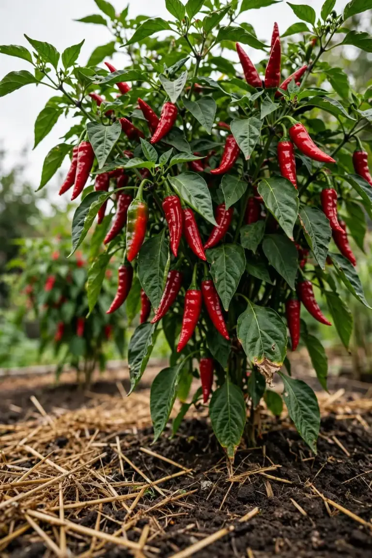 Chilli plant heavy with ripe red chillies in a sunny garden bed
