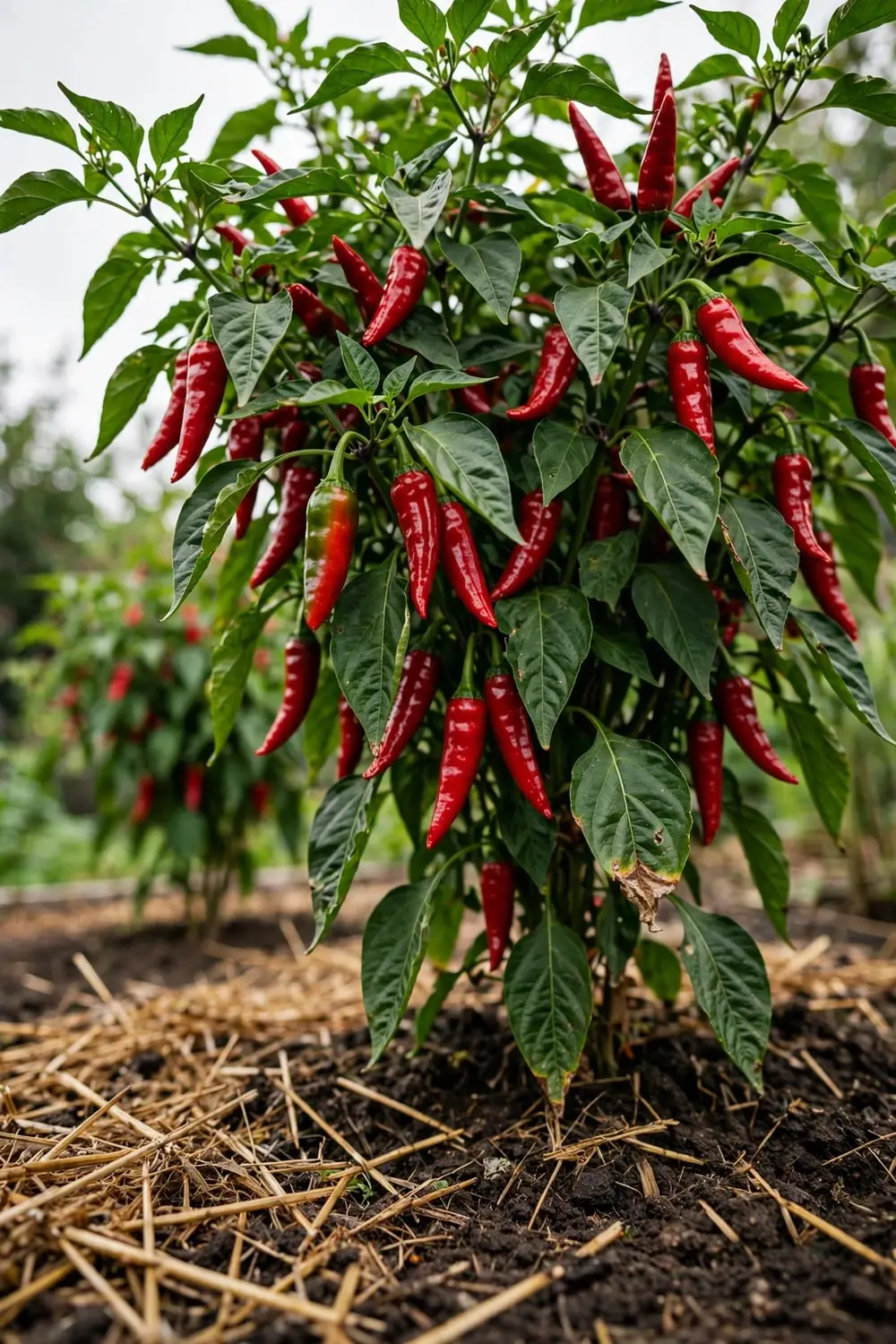 Chilli plant heavy with ripe red chillies in a sunny garden bed