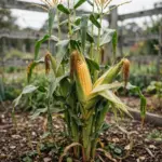 Sweet corn block with tassels, silks, and full cobs in an Australian vegetable garden