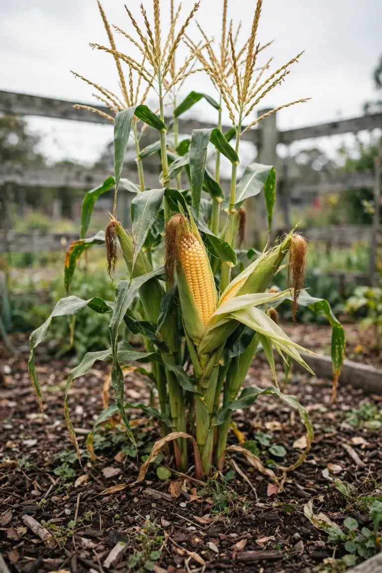 Sweet corn block with tassels, silks, and full cobs in an Australian vegetable garden