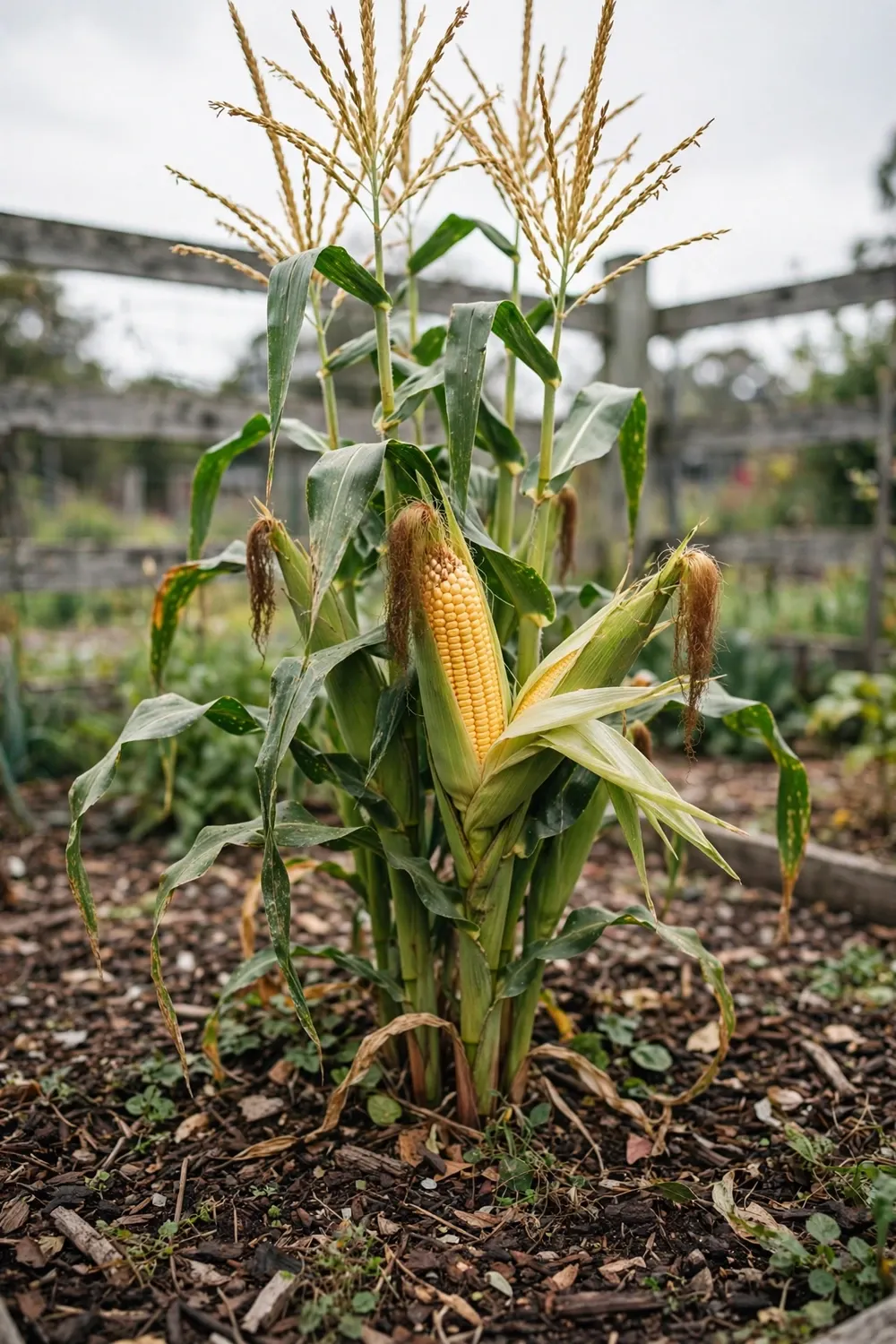 Sweet corn block with tassels, silks, and full cobs in an Australian vegetable garden