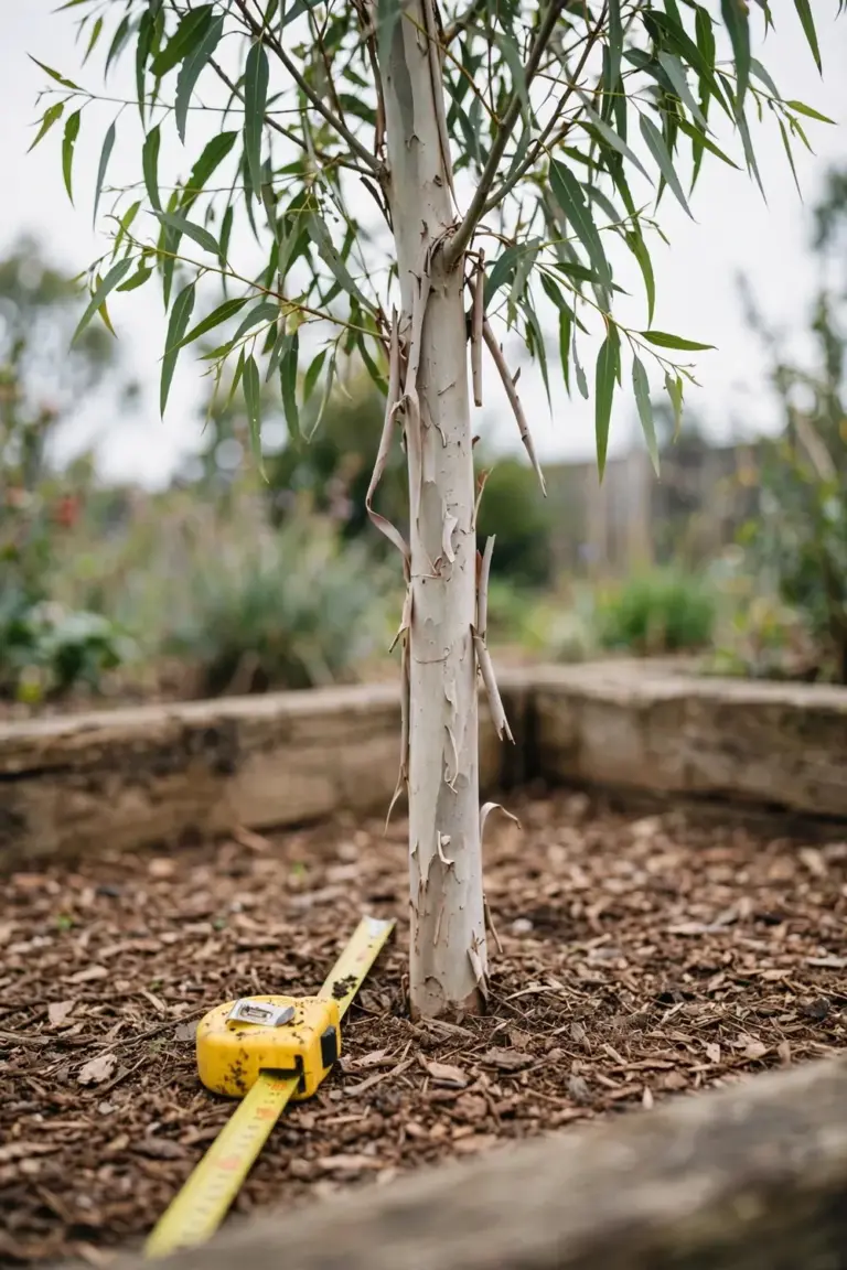 Young gum tree with smooth bark in a mulched garden bed beside a tape measure