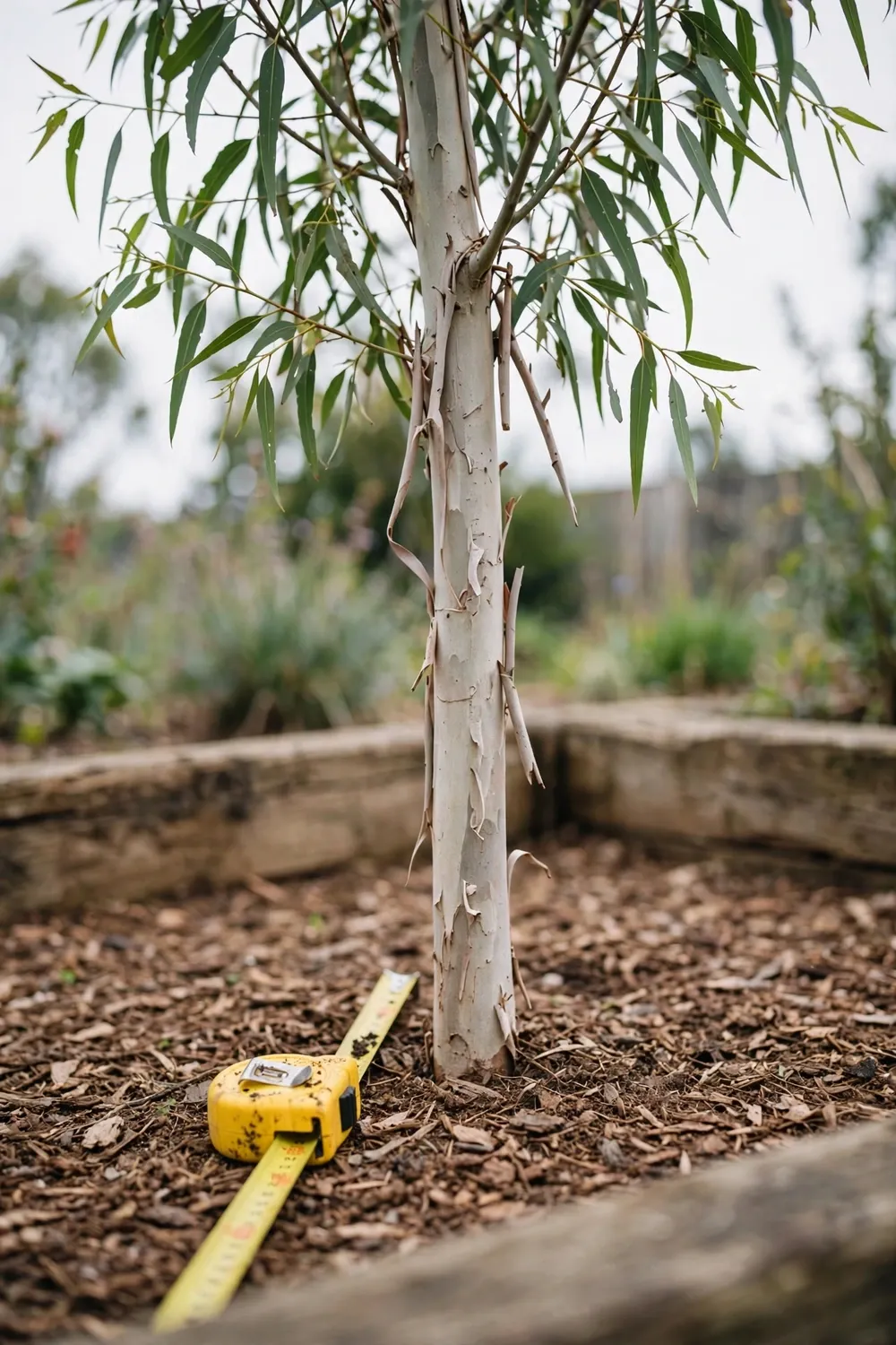 Young gum tree with smooth bark in a mulched garden bed beside a tape measure