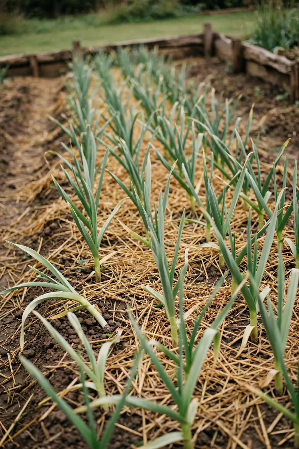 Garlic bed in autumn sun with rows of green shoots and straw mulch