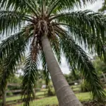 Kentia palm standing as a feature plant in a garden bed with arching feather fronds