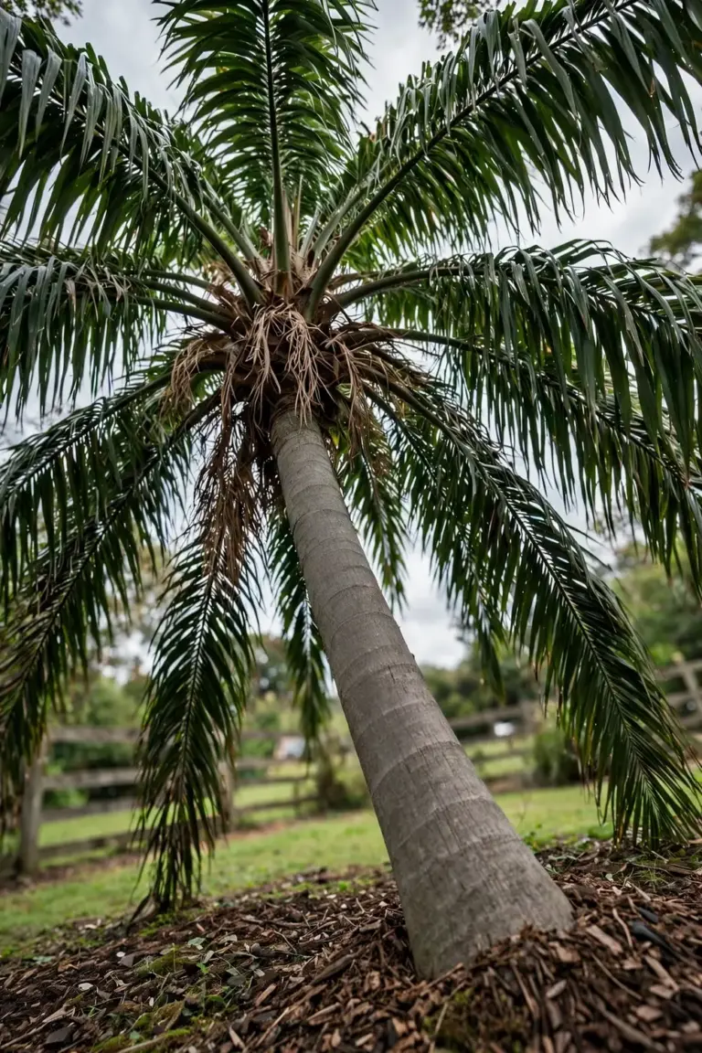 Kentia palm standing as a feature plant in a garden bed with arching feather fronds