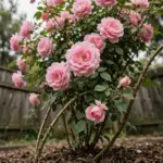Rose bush loaded with pink blooms in full sun in an Australian garden bed