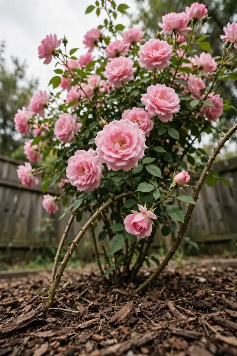 Rose bush loaded with pink blooms in full sun in an Australian garden bed