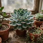 Sunlit windowsill crowded with potted succulents in terracotta pots