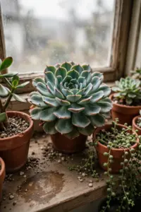 Sunlit windowsill crowded with potted succulents in terracotta pots