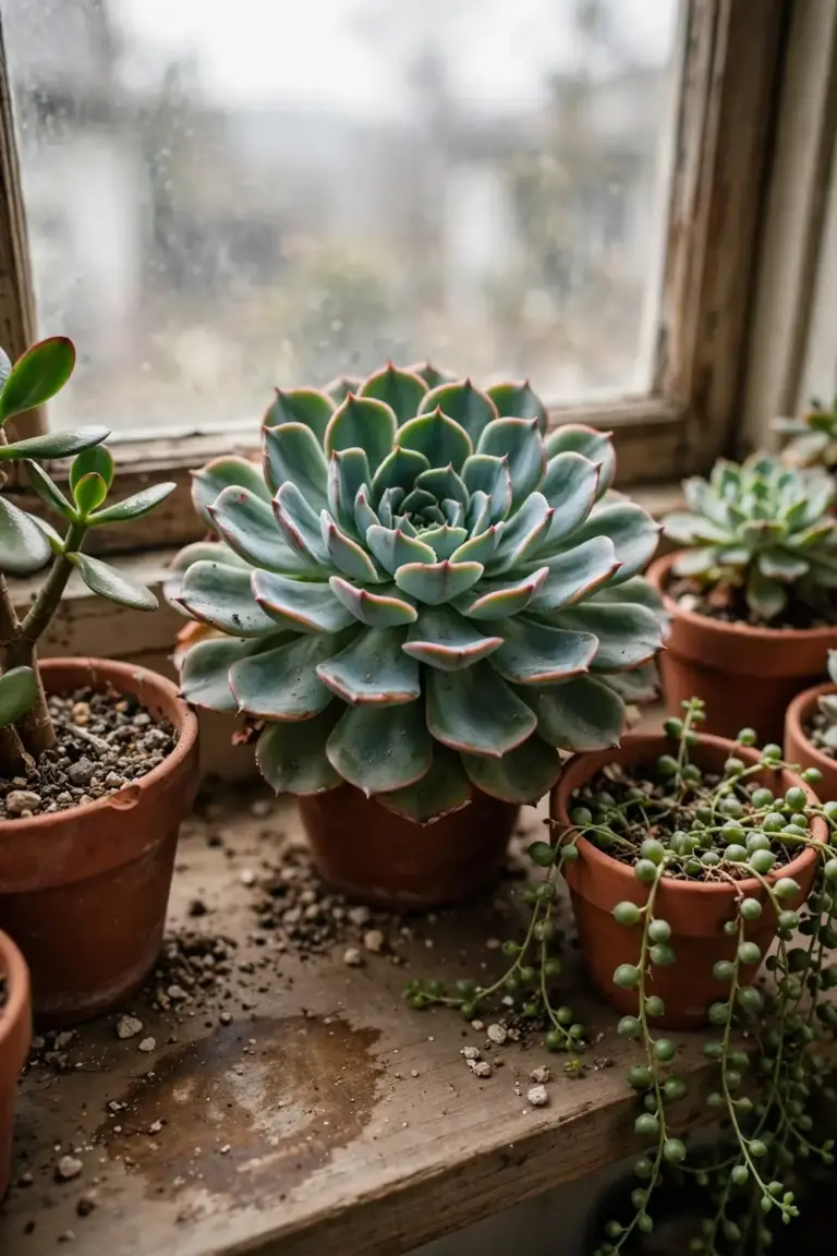 Sunlit windowsill crowded with potted succulents in terracotta pots