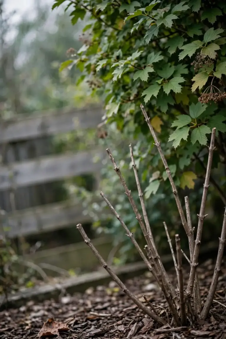 Viburnum with bare lower stems and leafy growth above