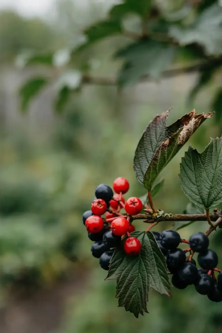 Red and black viburnum berries on a branch with green leaves