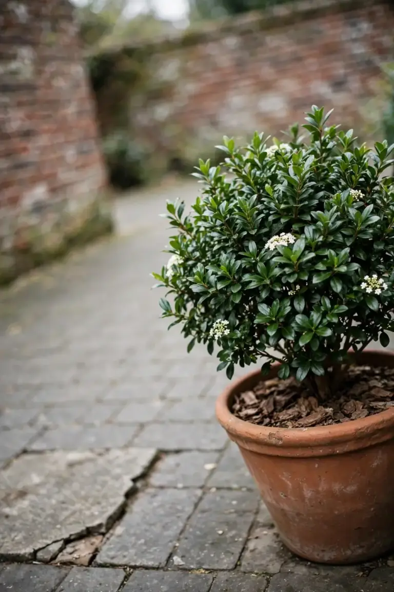 Compact viburnum in a large terracotta pot on a paved courtyard