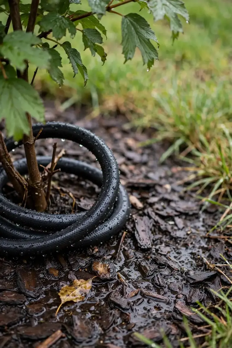 Soaker hose ring around a viburnum base on damp mulched soil