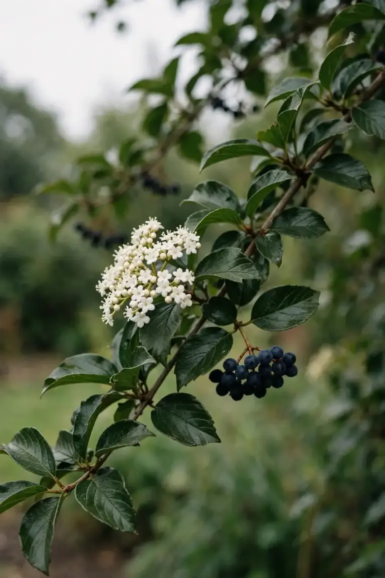 Viburnum branch with white flowers, dark berries, and green leaves