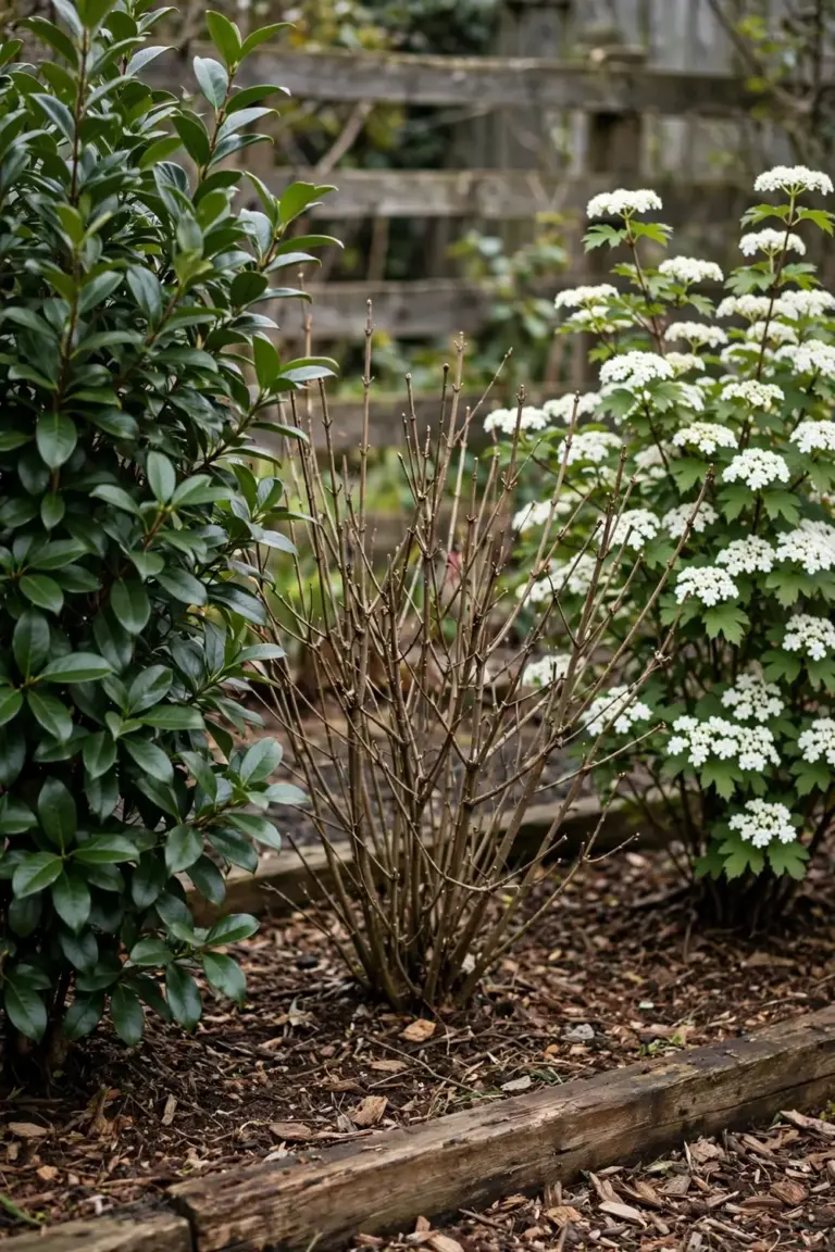 Three different viburnum shrubs side by side in one garden bed