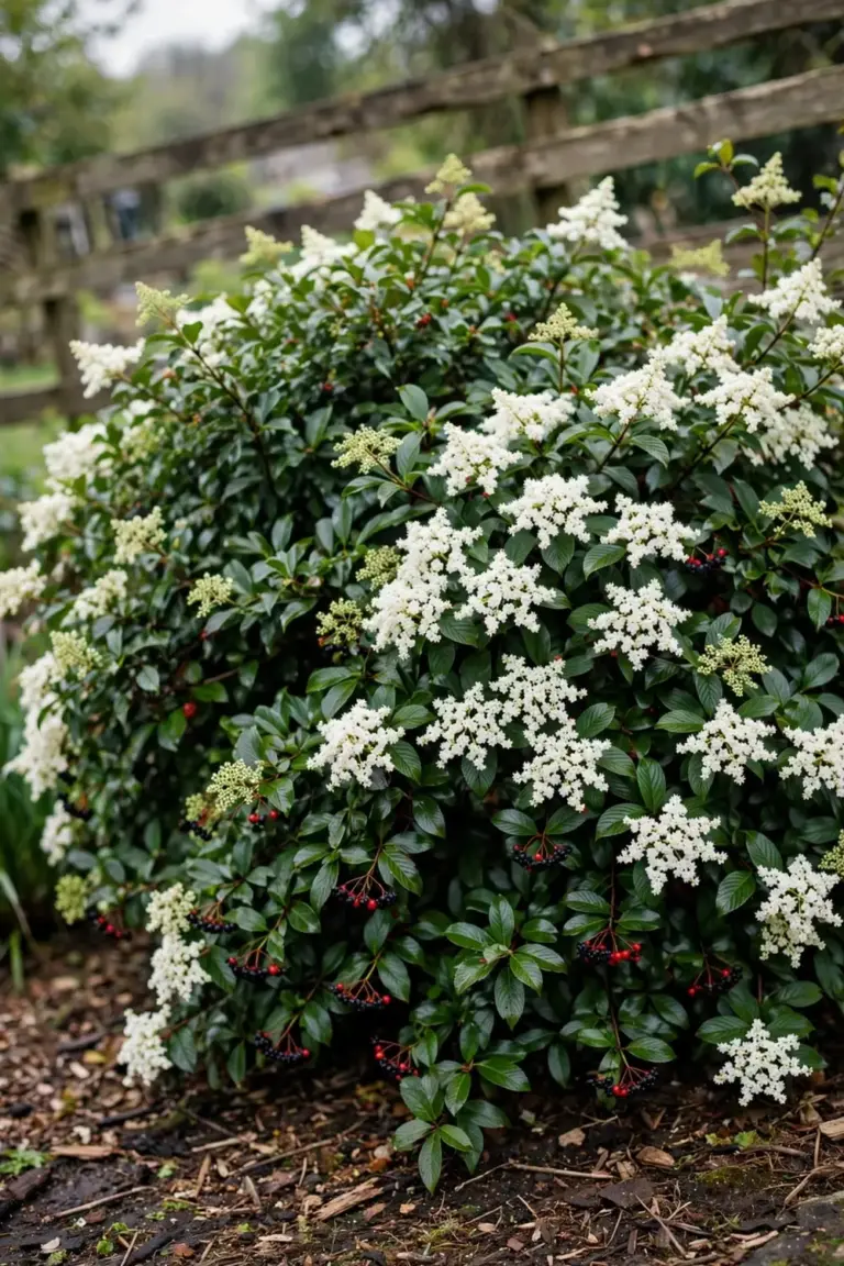 Sweet viburnum hedge in white spring flower above a mulched garden bed