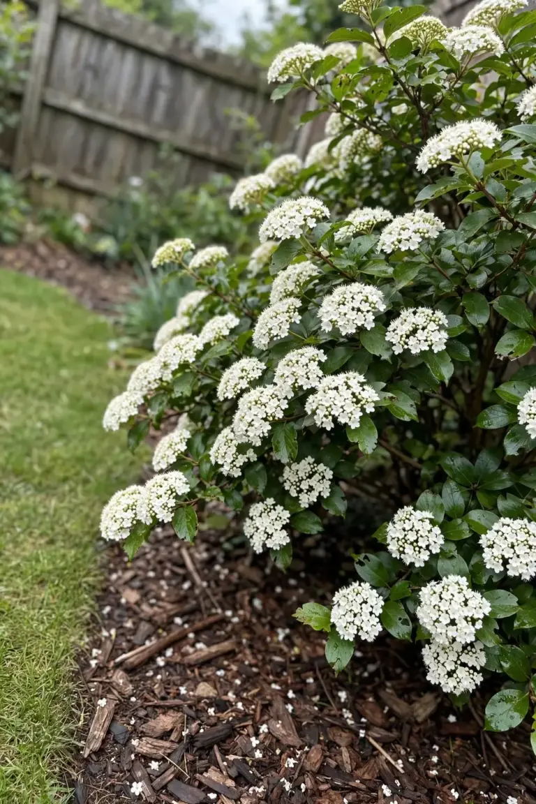 Mature viburnum in full flower in a home garden bed