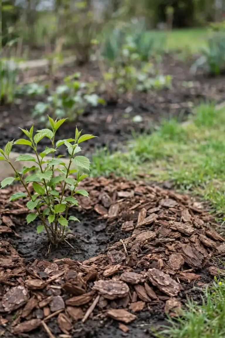 Newly planted viburnum with a wide ring of bark mulch
