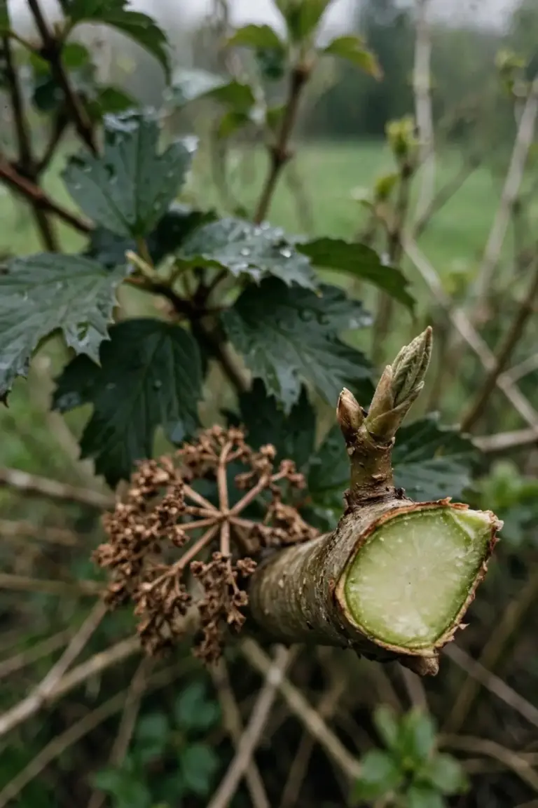 Freshly pruned viburnum branch with a clean angled cut surface