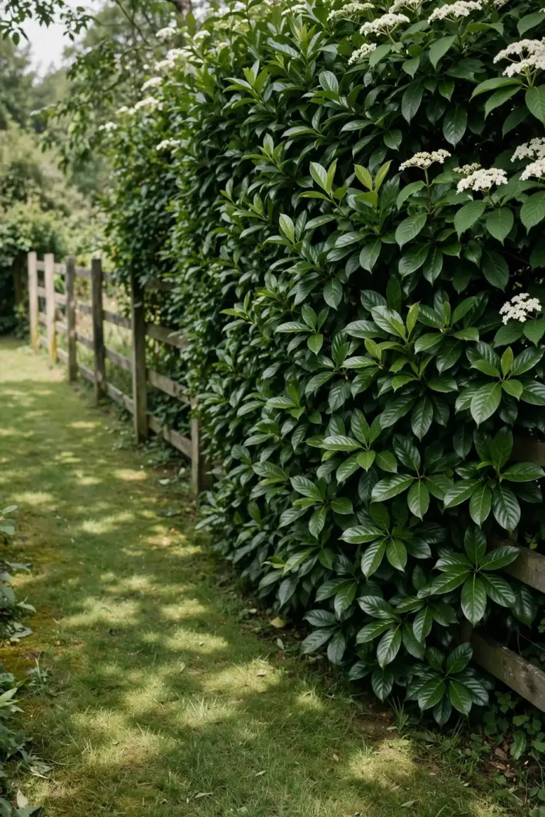 Tall dense sweet viburnum screen along a fence line in full sun