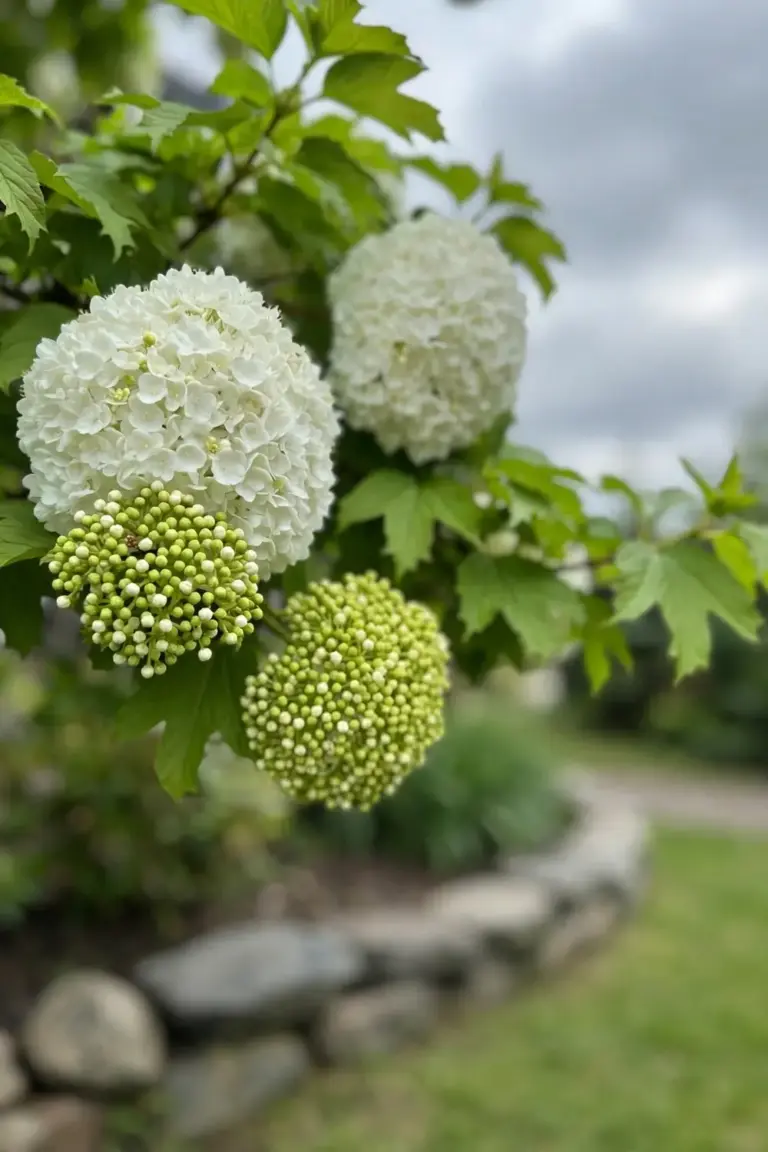Snowball viburnum with white globe flower heads in a cool garden