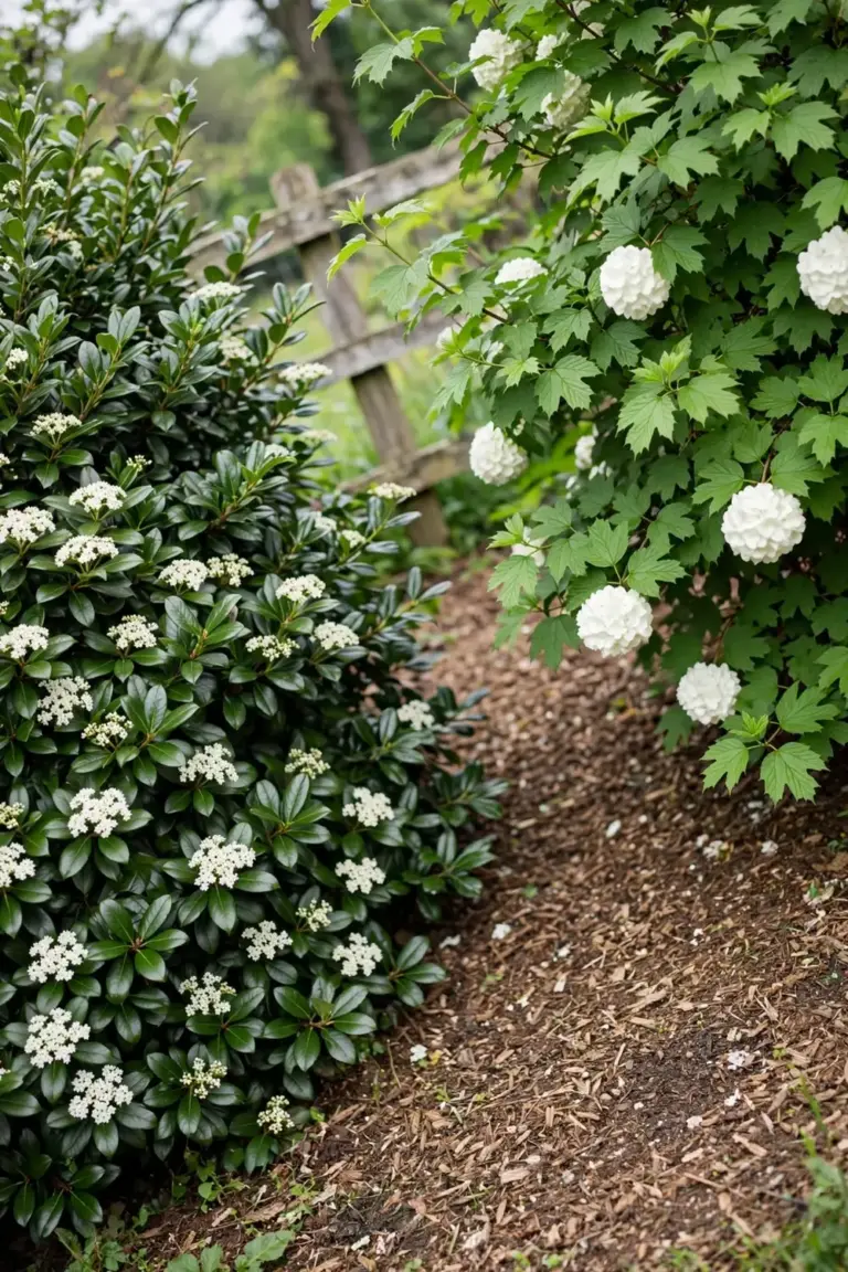 Evergreen and deciduous viburnum shrubs growing side by side