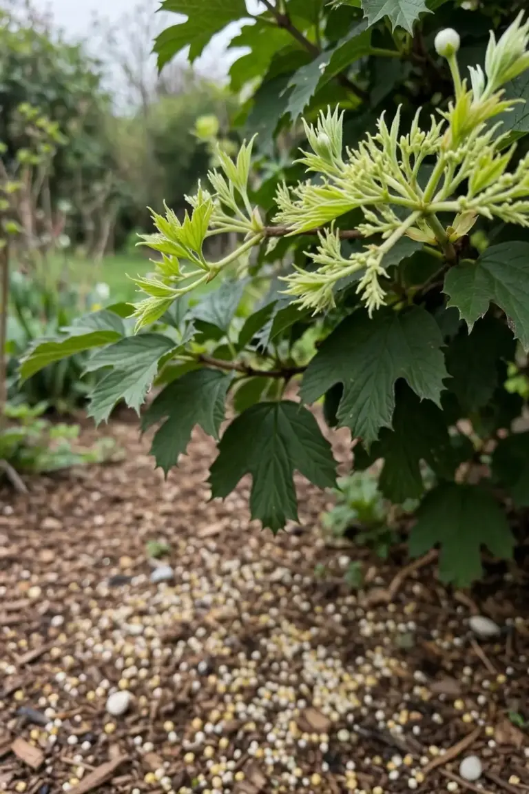 Viburnum with fresh pale spring growth tips and new leaves