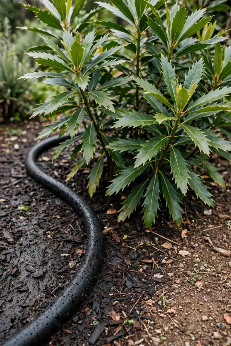 Soaker hose at the base of a waratah shrub on moist mulched soil