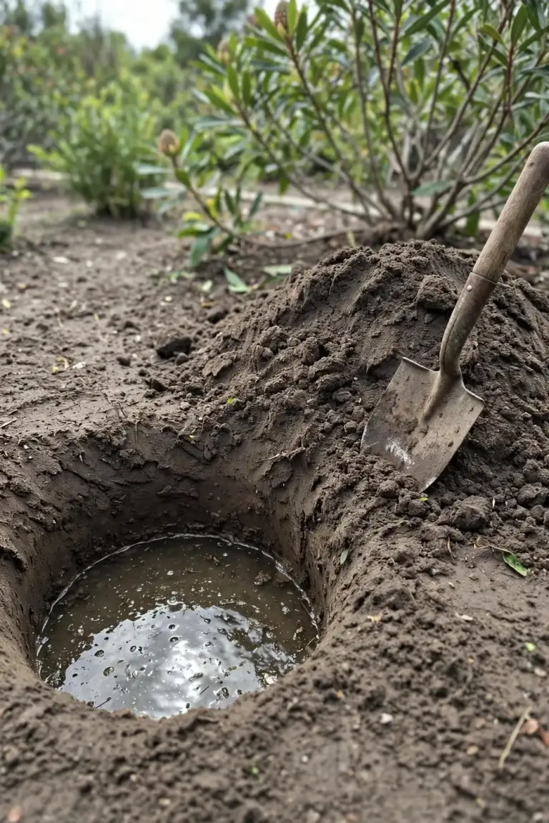 Dug hole in sandy garden soil holding water for a drainage test, waratah shrub behind