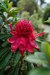 Single red waratah flowerhead on a garden shrub, bracts open around the flower cluster
