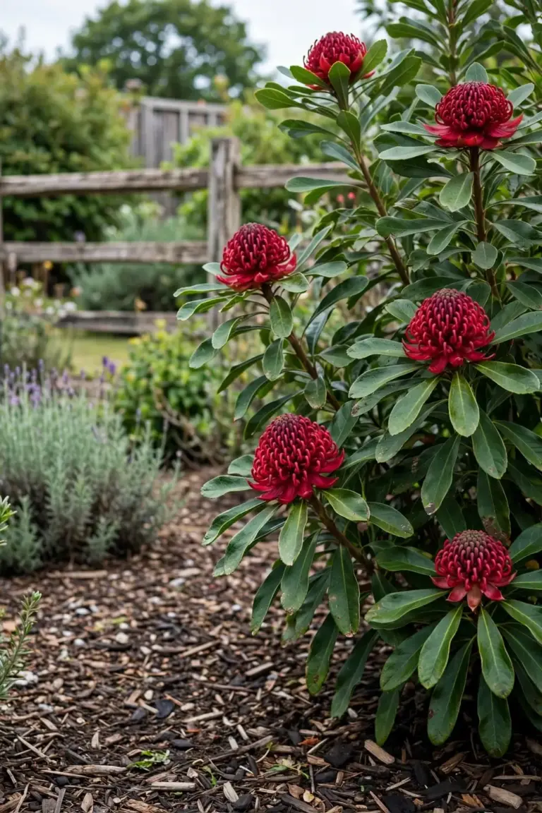 Mature waratah shrub in a home garden with several red flowerheads