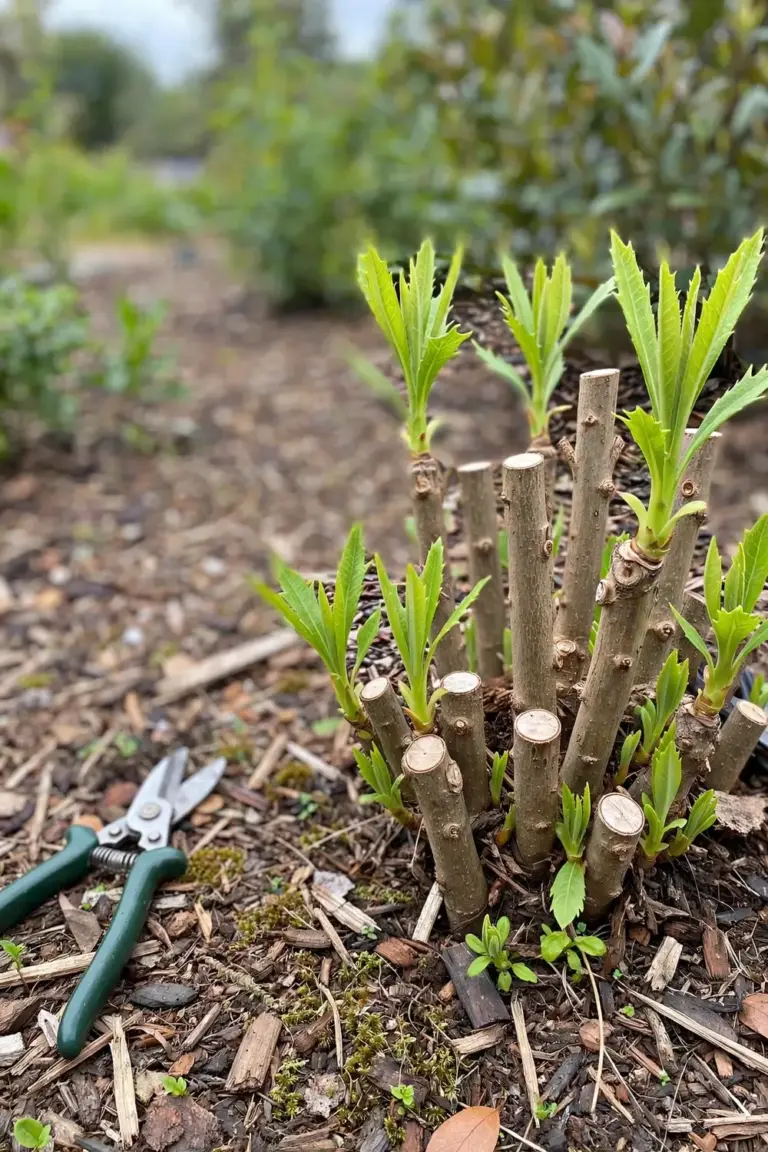 Waratah shrub cut back hard after flowering with fresh shoots at the base