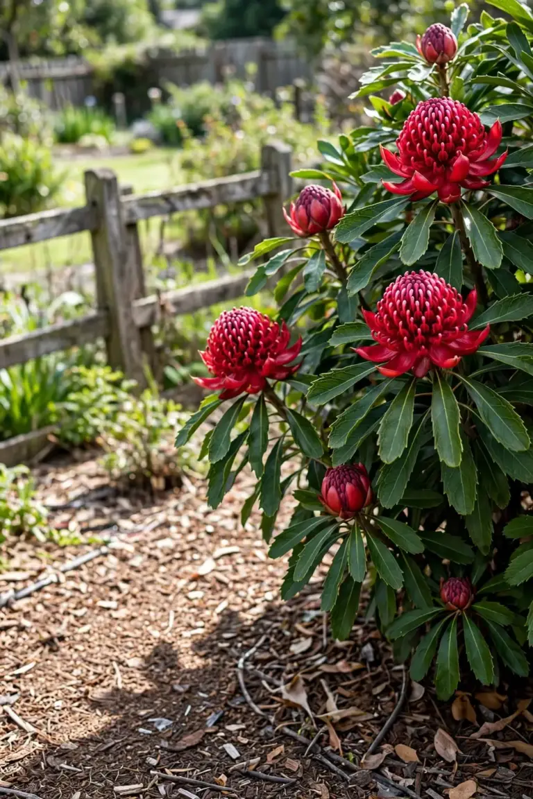 Mature waratah shrub in full flower in a home garden, red flowerheads above glossy leaves