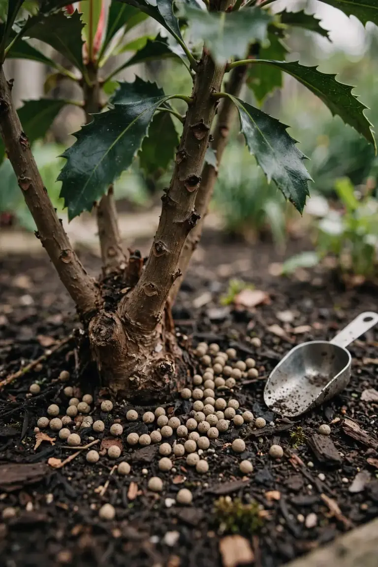 Slow-release fertilizer granules scattered on soil around a waratah base