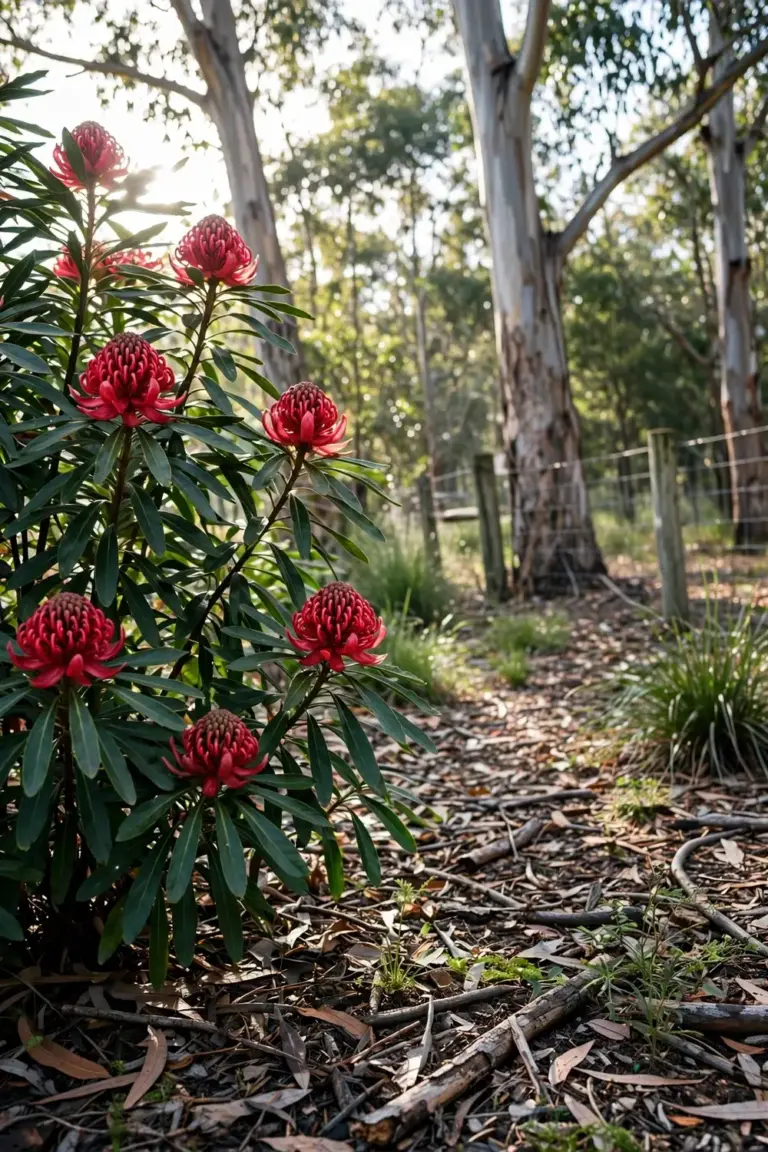 Waratah shrub in dappled light under a eucalypt canopy, morning sun on the flowers