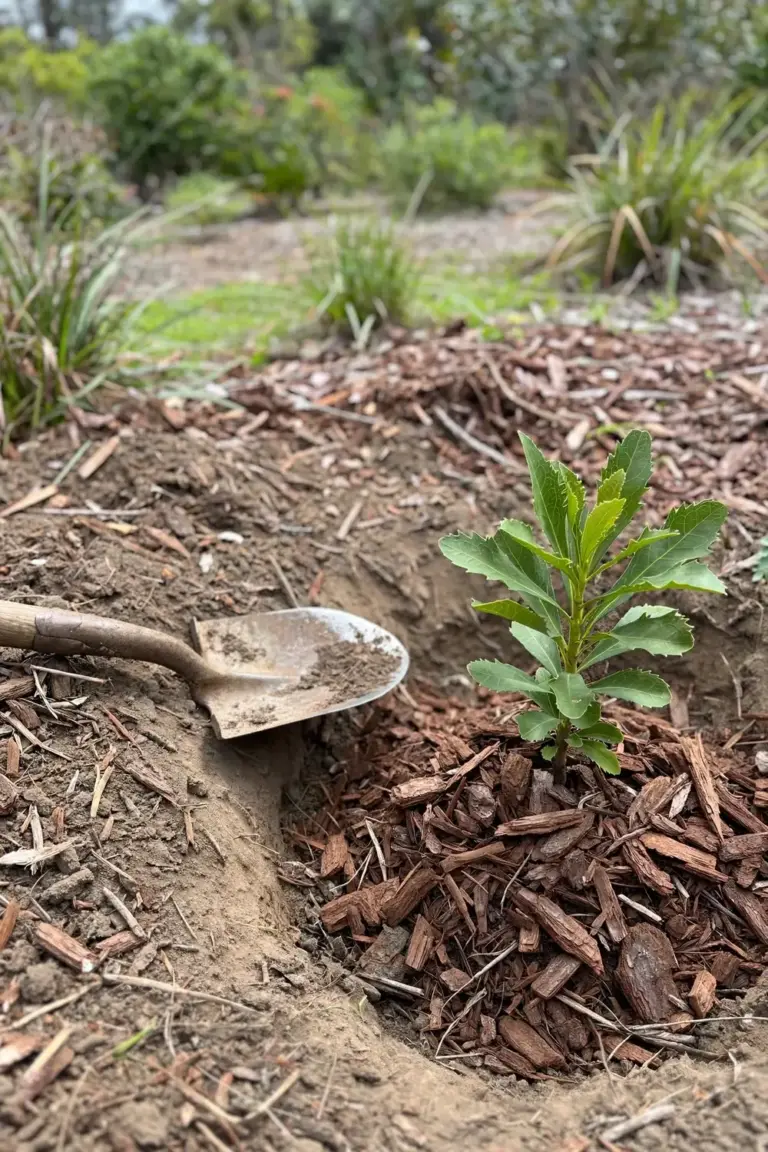 Young waratah seedling set at soil level in a planting hole with mulch around it