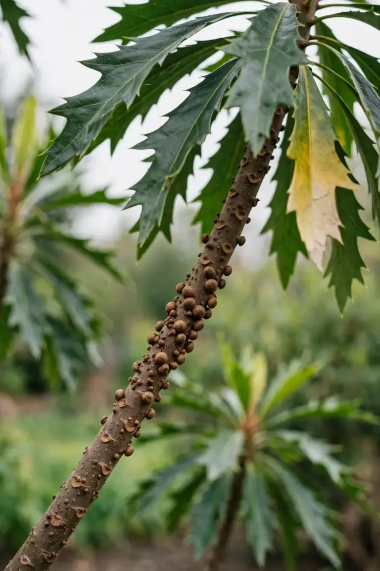 Close view of scale bumps on a waratah stem below healthy green leaves