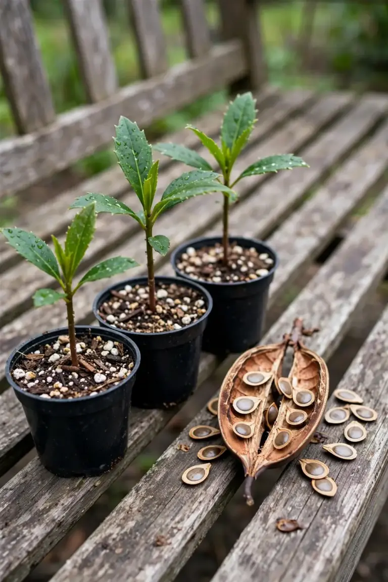 Waratah seedlings in small pots beside a split seed pod with winged seeds