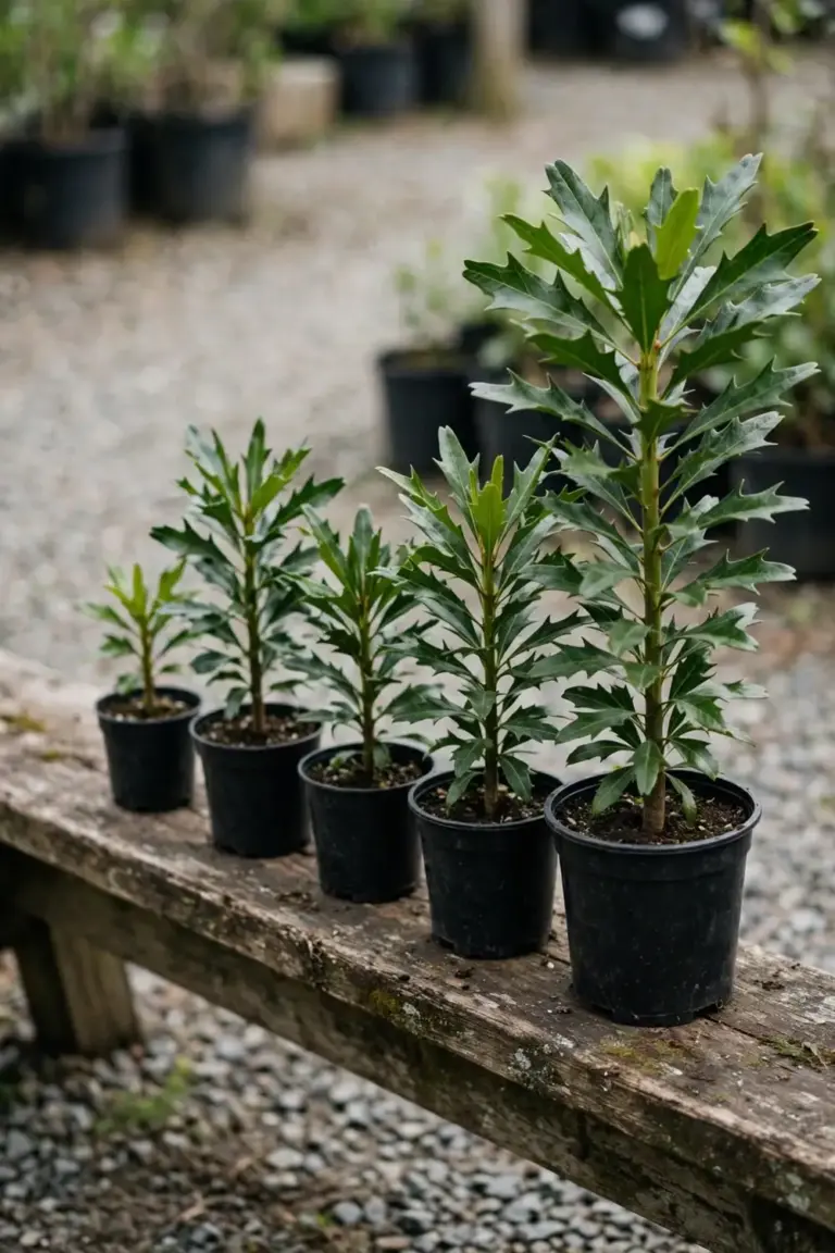 Row of young waratah plants in nursery pots of different sizes on a bench