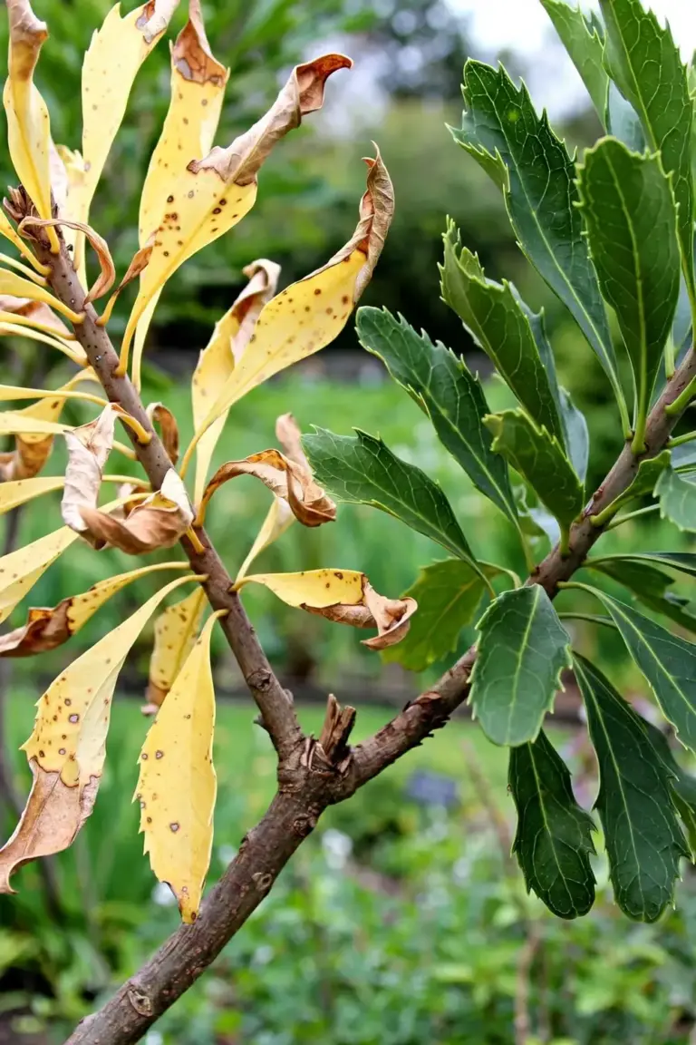 Waratah branch with yellowing leaves beside a healthy green branch