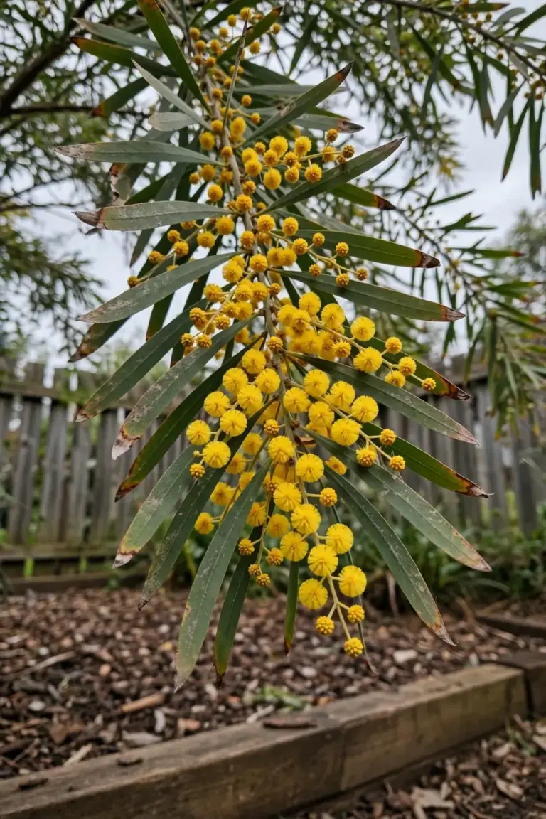 Golden Wattle shrub covered in round golden flower balls in a home garden