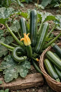 Zucchini plant loaded with dark green fruit beside a basket of picked zucchini