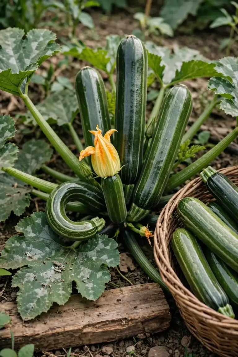 Zucchini plant loaded with dark green fruit beside a basket of picked zucchini